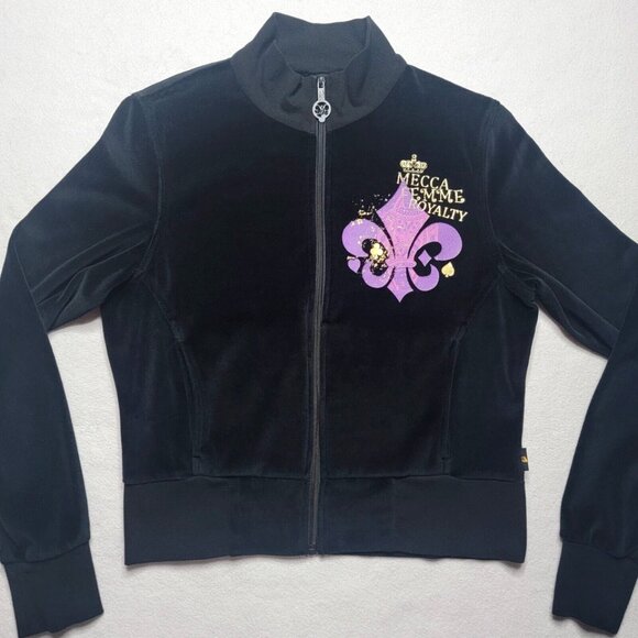 MECCA Femme Y2K Velour Jacket Women's XL Black Full Zip Fleur-de-lis Lightweight - Picture 1 of 9